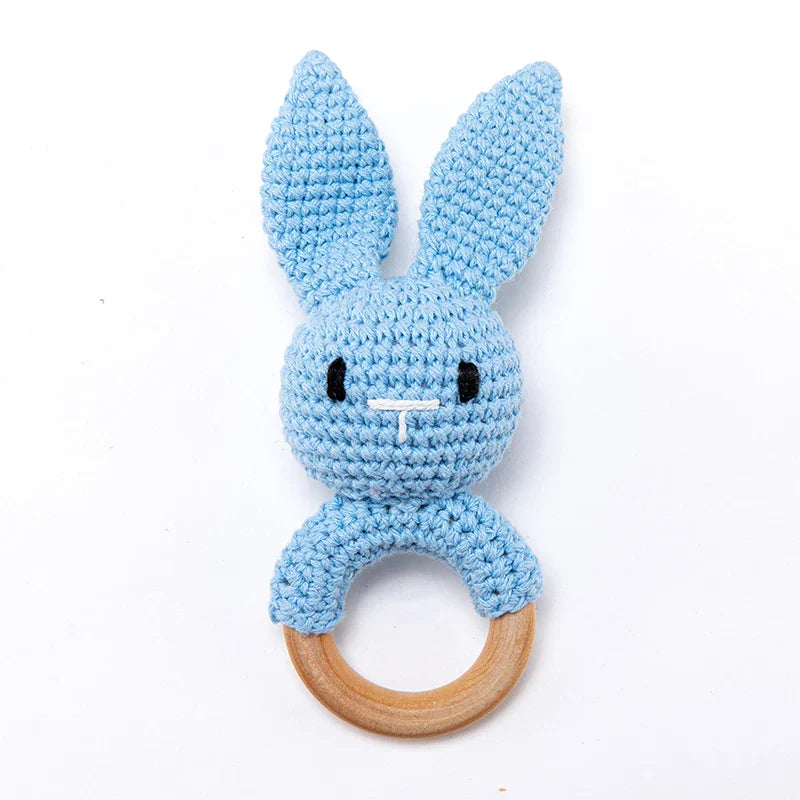 Wooden Crochet Animal Teether Rattle Newborn Sensory Toys blue rabbit - Tophatter Daily Deals