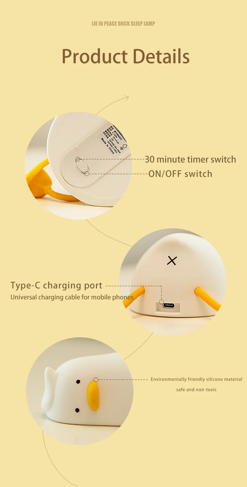 Duck Rechargeable LED Night Light Pat Silicone Lamp Bedside Nightlight Animals - Tophatter Daily Deals