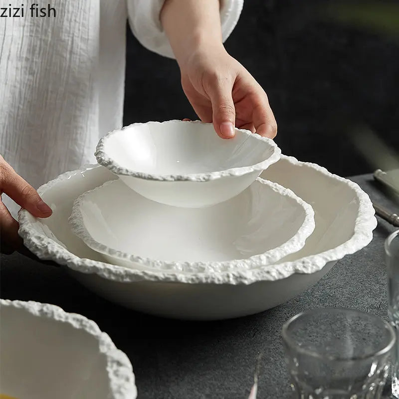 White Porcelain Rock Edge Soup Bowl Modern Tableware - Tophatter Daily Deals