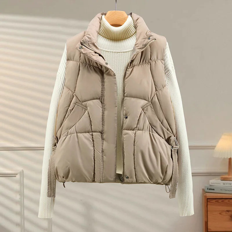 Warm Women's Puffer Vest - Quilted High Collar, Polyester Khaki - Tophatter Daily Deals