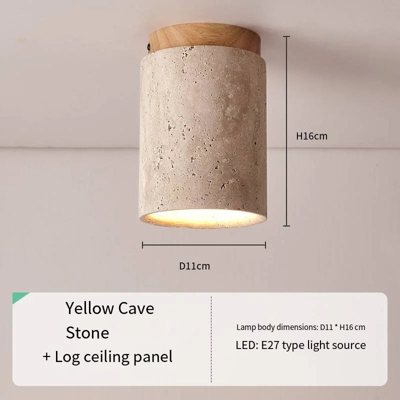 Japandi Travertine Ceiling Light Wood Cap Round Mid Century Lamp B-02 - Tophatter Daily Deals
