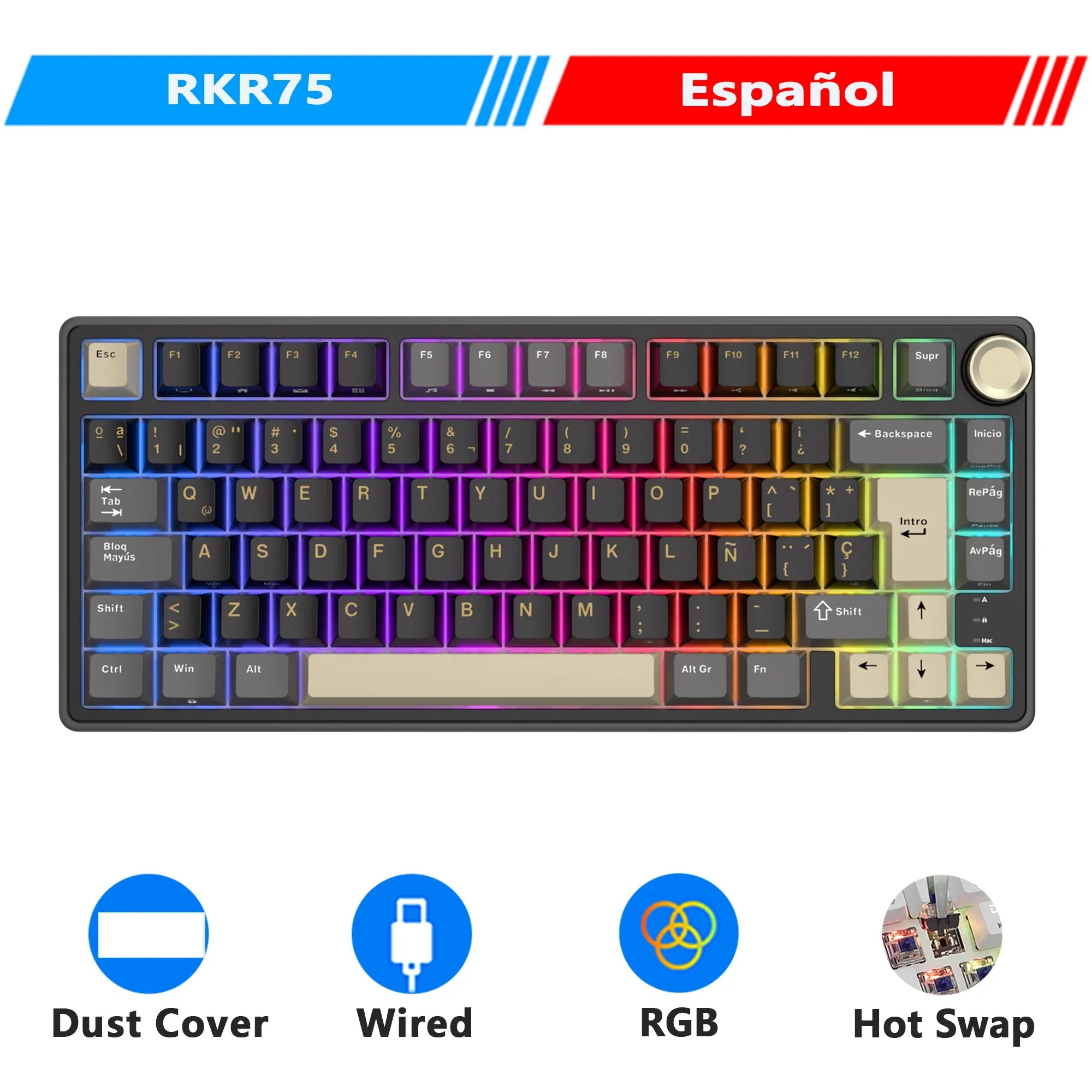 Mechanical Keyboard R75 Gasket 80Key RGB Hot Swap Spanish Spanish Phantom - Tophatter Daily Deals