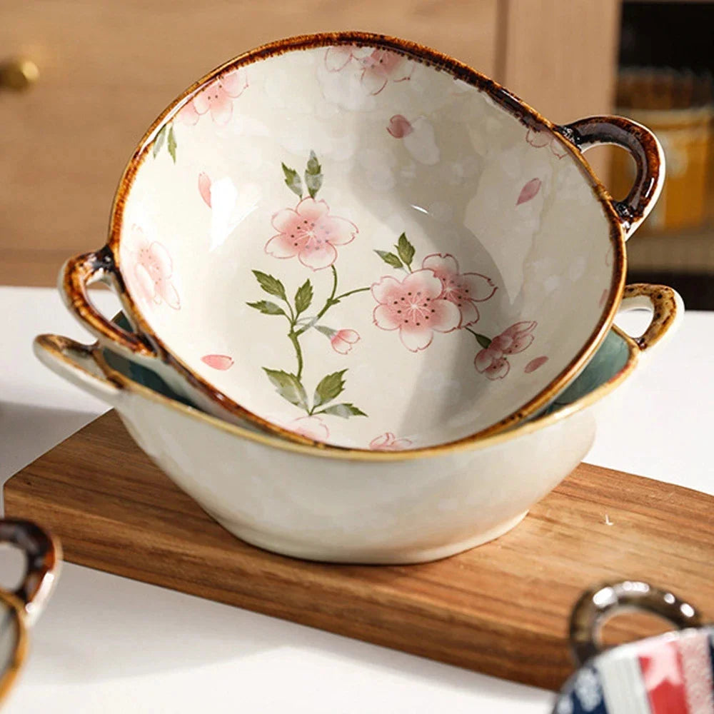 Ceramic Noodle Bowl 7.5 Inch Dual Handle Floral Bowl - Tophatter Daily Deals