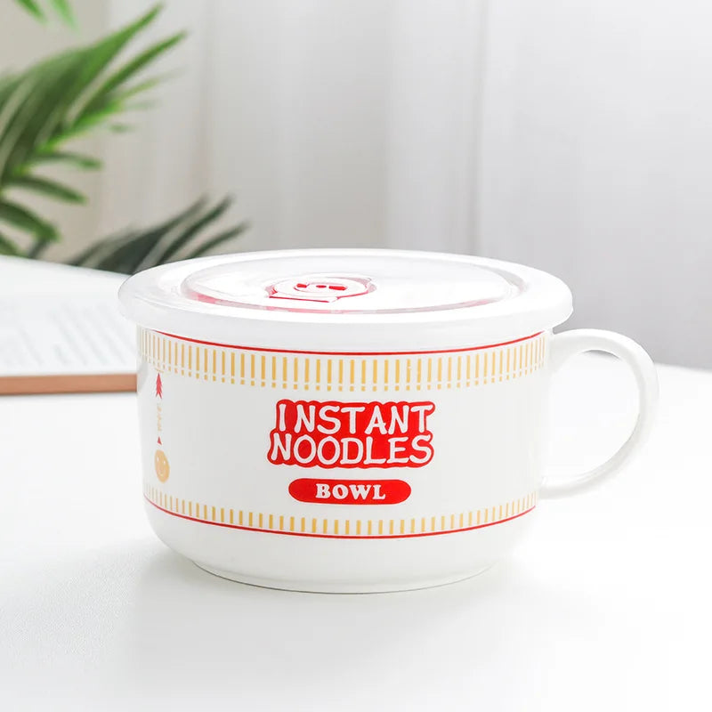 Instant Noodle Bowl Ceramic With Handle And Lid Large Red 5.25 inches - Tophatter Daily Deals