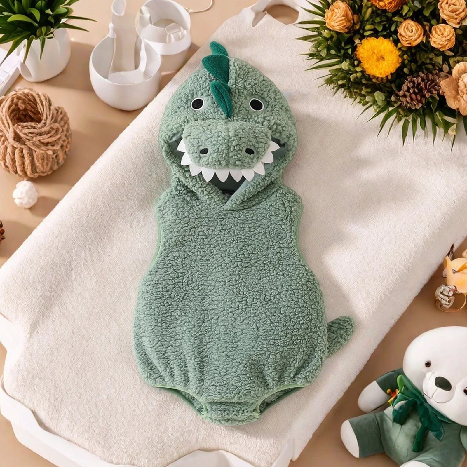 Baby Dinosaur Halloween Romper Plush Hooded Sleeveless - Tophatter Daily Deals