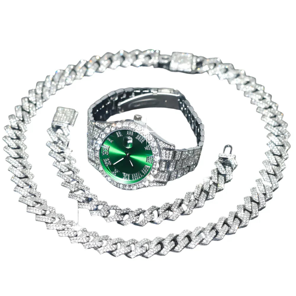 3pcs Mens Silver Watch Cuban Chain Bracelet Set (Green) Apparel & Accessories > Jewelry > Jewelry Sets - Tophatter Daily Deals