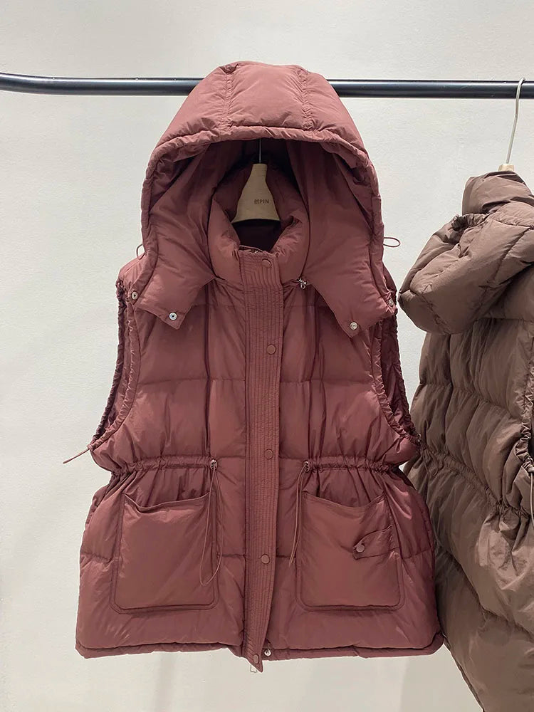 Lightweight Relaxed Women Down Vest - Hooded, Down, Winter Burgundy - Tophatter Daily Deals