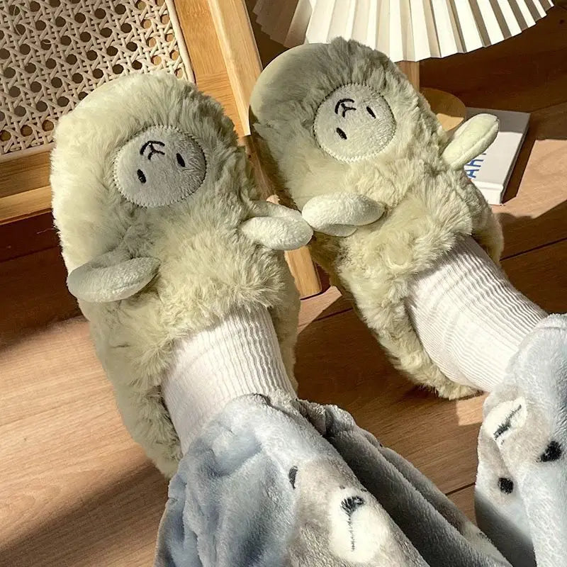 Plush Alpaca Sheep Lamb Warm Fluffy Faux Fur Slippers Animals - Tophatter Daily Deals