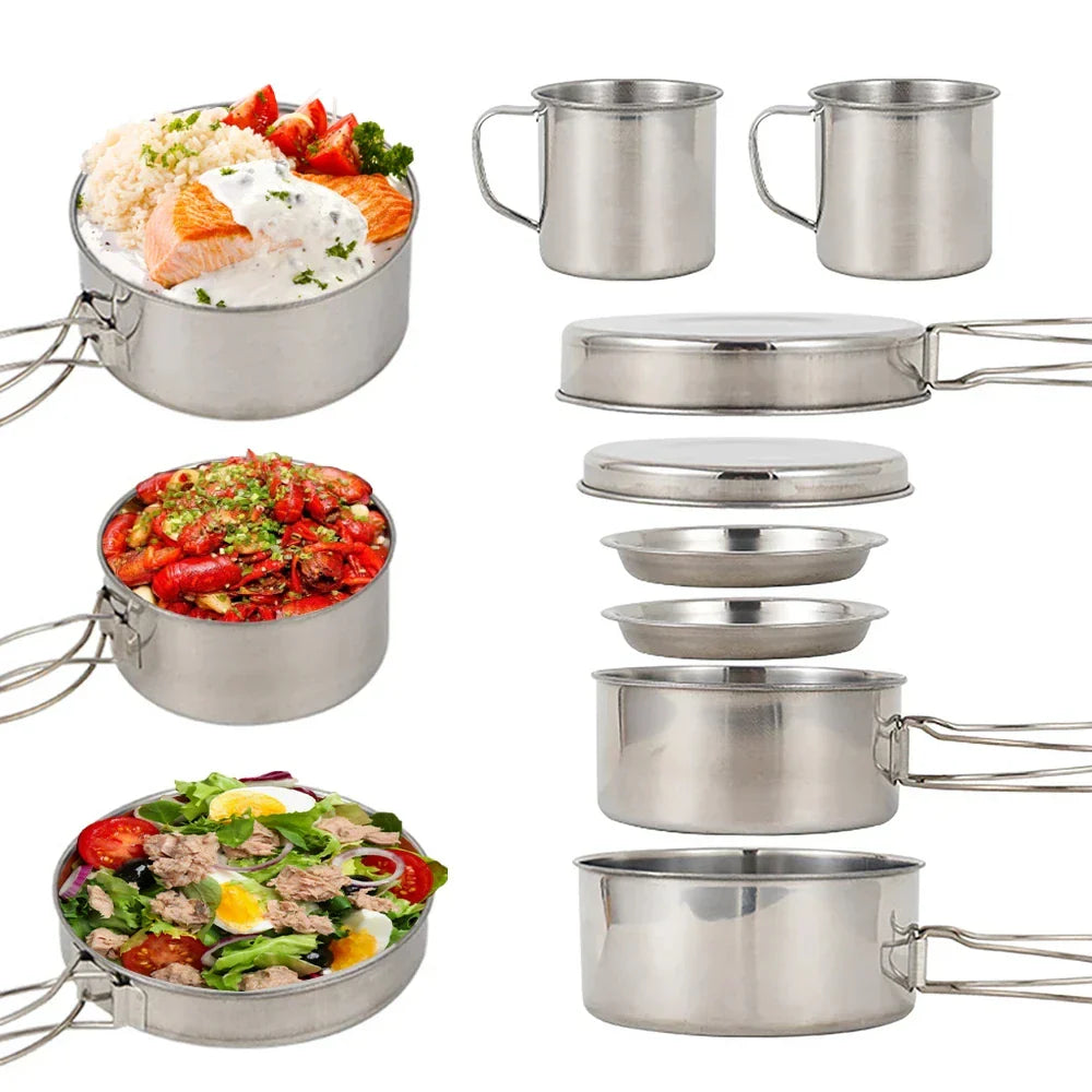 8-Piece Camping Cookware Mess Kit Silver Camp Cooking - Tophatter Daily Deals