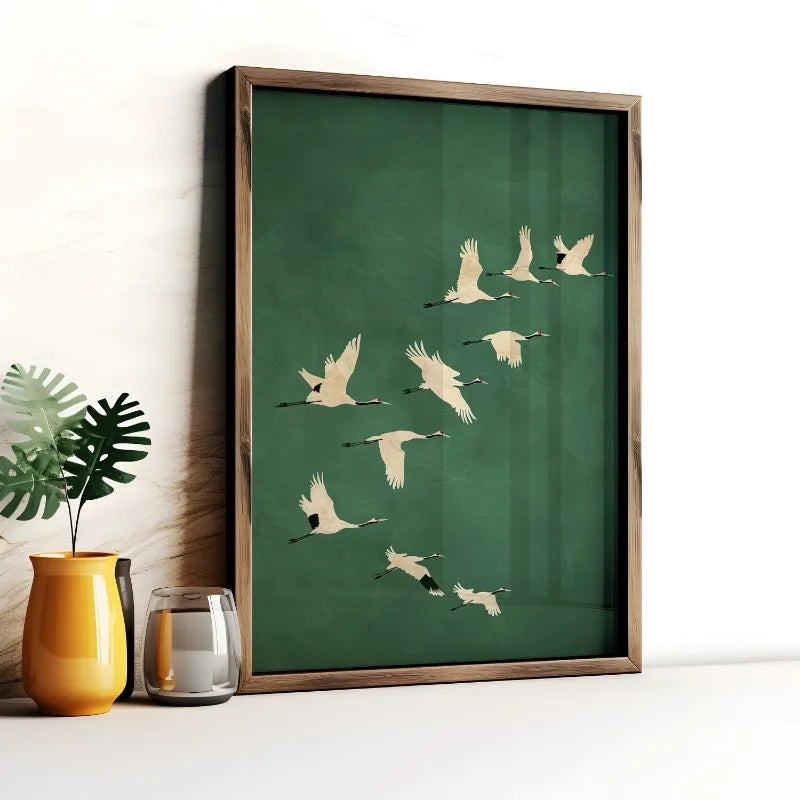 Cranes Wall Art Emerald Green Canvas With Gold Accents - Tophatter Daily Deals