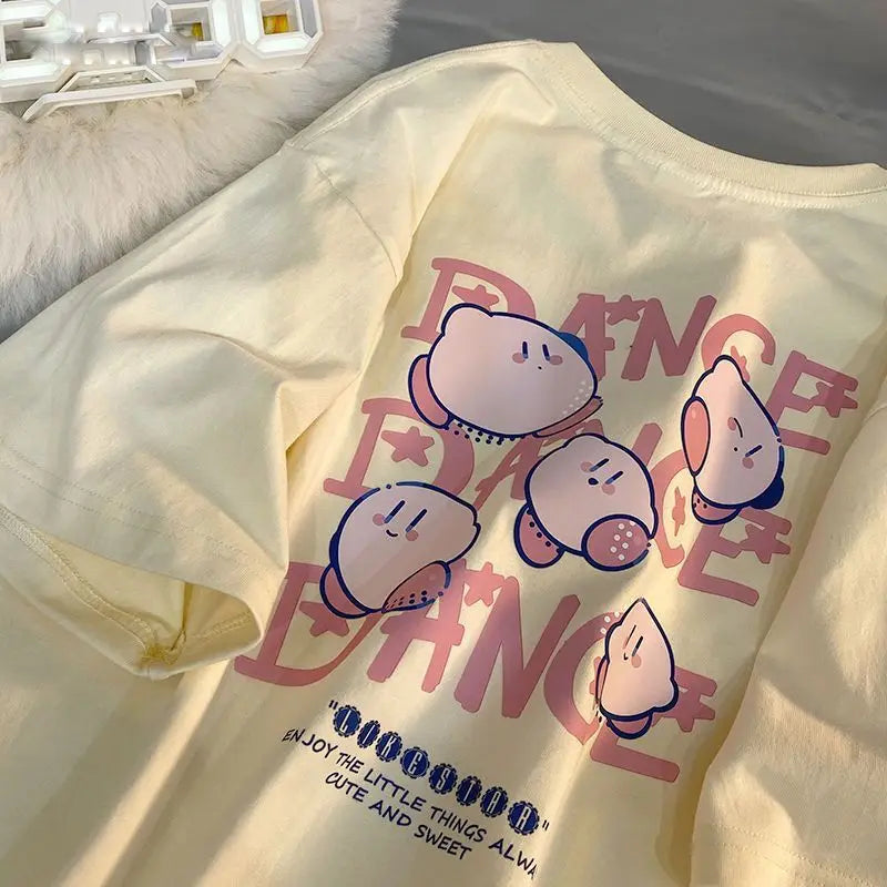 Kawaii Kirby T-shirt Anime Cotton Summer Loose Short-Sleeved Printed Top Yellow Anime - Tophatter Daily Deals