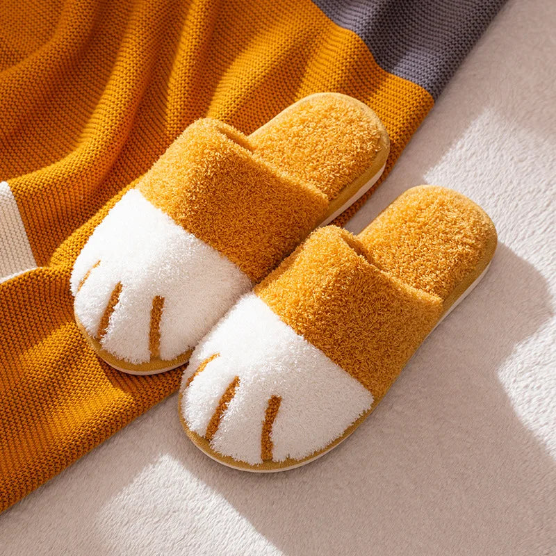 Winter Warm Plush Slippers Cute Cat Paw House Fur Slides Fluffy Shoes Yellow Animals - Tophatter Daily Deals