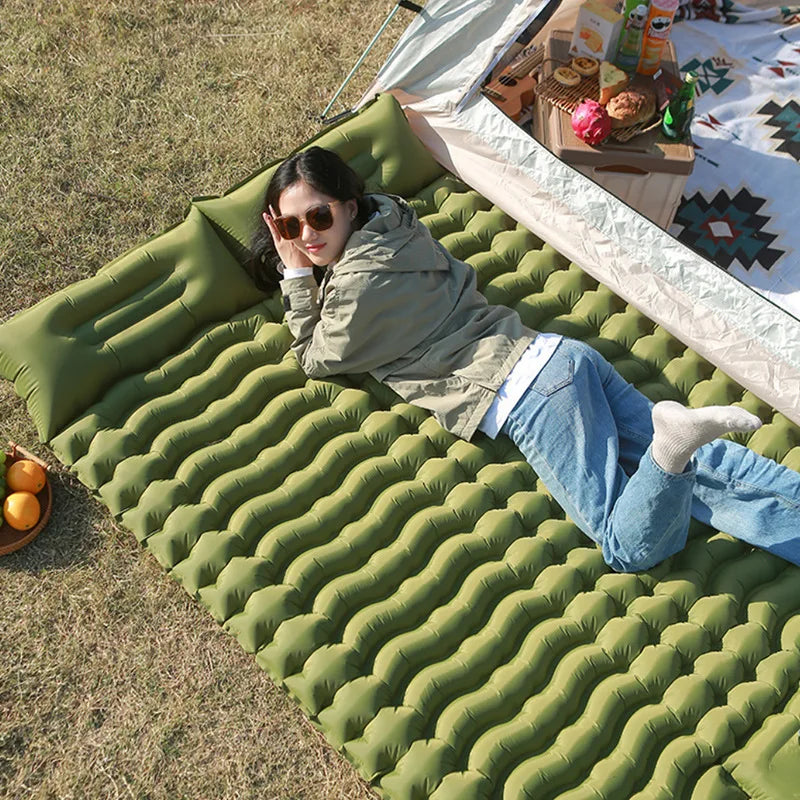 Inflatable Sleeping Pad Built-In Pillow Compact Green Camping & Hiking - Tophatter Daily Deals