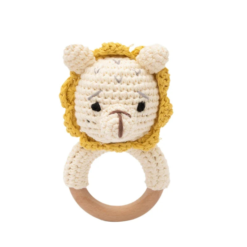 Crochet Bear Teether Rattle Ring Newborn Sensory Toys lion 1 - Tophatter Daily Deals