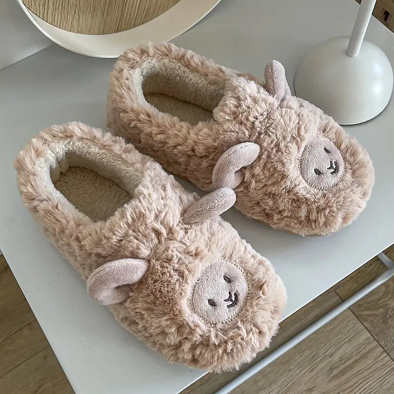 Plush Alpaca Sheep Lamb Warm Fluffy Faux Fur Slippers Coffee Alpaca Animals - Tophatter Daily Deals
