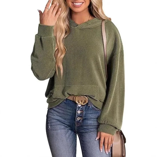 Lightweight Relaxed Womens Hoodie - Ribbed Knit, Casual Military Green - Tophatter Daily Deals