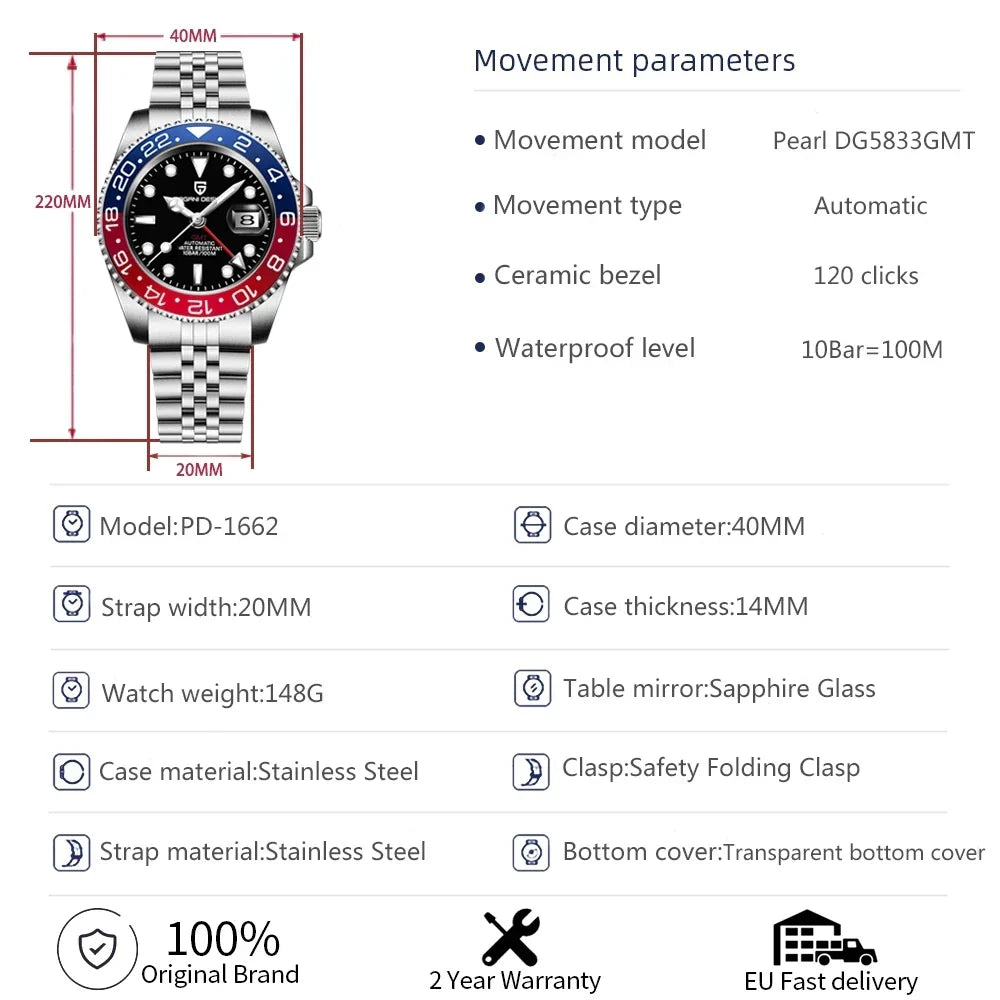 Men's Automatic Mechanical Sapphire Watch (Blue Red) Apparel & Accessories > Jewelry > Watches - Tophatter Daily Deals