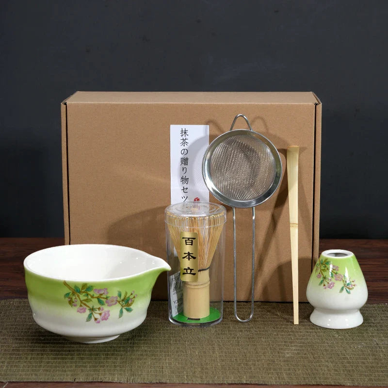 Matcha Tea Set Porcelain Bowl Bamboo Whisk Traditional Box Gradient green - 5pc - Tophatter Daily Deals