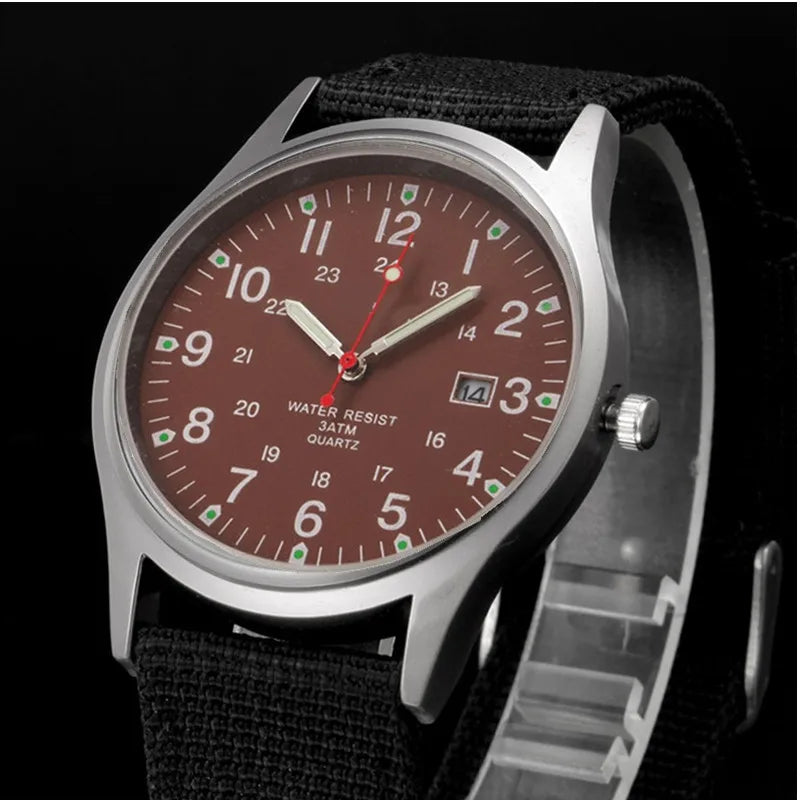 Quartz Field Watch Nylon Strap Military Style Date Luminous Black coffee - Tophatter Daily Deals