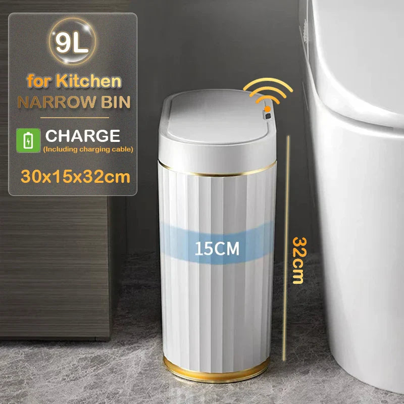 Automatic Sensor Trash Can Narrow Roman Stripe Bathroom Bin 9L gold charge - Tophatter Daily Deals