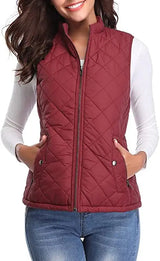 Lightweight Women Quilted Vest - Stand Collar Cotton Winter Burgundy - Tophatter Daily Deals
