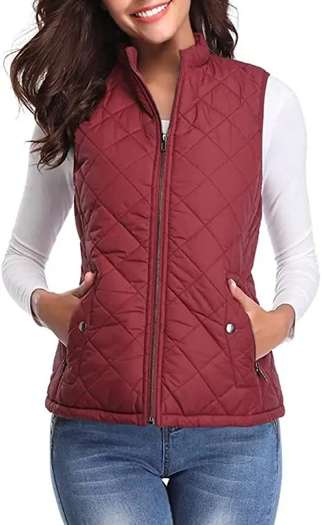 Lightweight Women Quilted Vest - Stand Collar Cotton Winter Burgundy - Tophatter Daily Deals