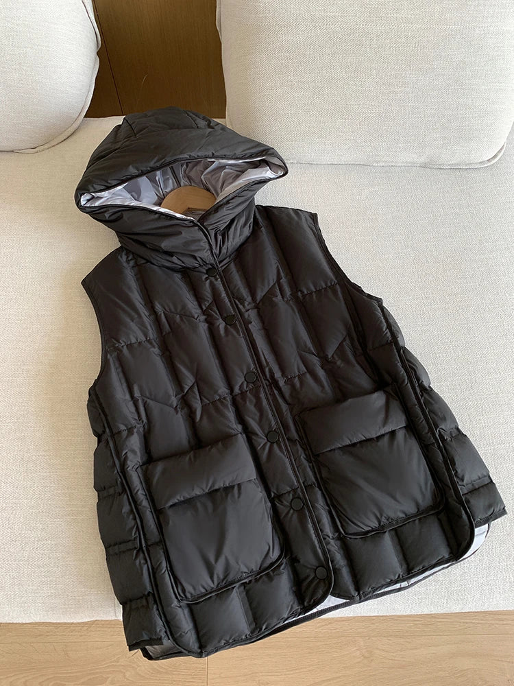 Lightweight Women Hooded Down Vest - Boxy, Down, Autumn Black - Tophatter Daily Deals