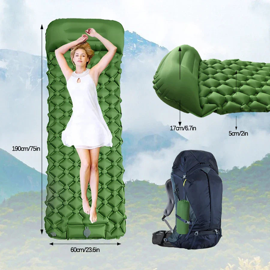 Inflatable Camping Mattress with Pillow Built-In Pump Air Green Camping & Hiking - Tophatter Daily Deals