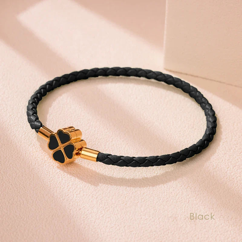 Four Leaf Clover Braided Leather Lucky Bracelet Gift Black CHINA - Tophatter Daily Deals