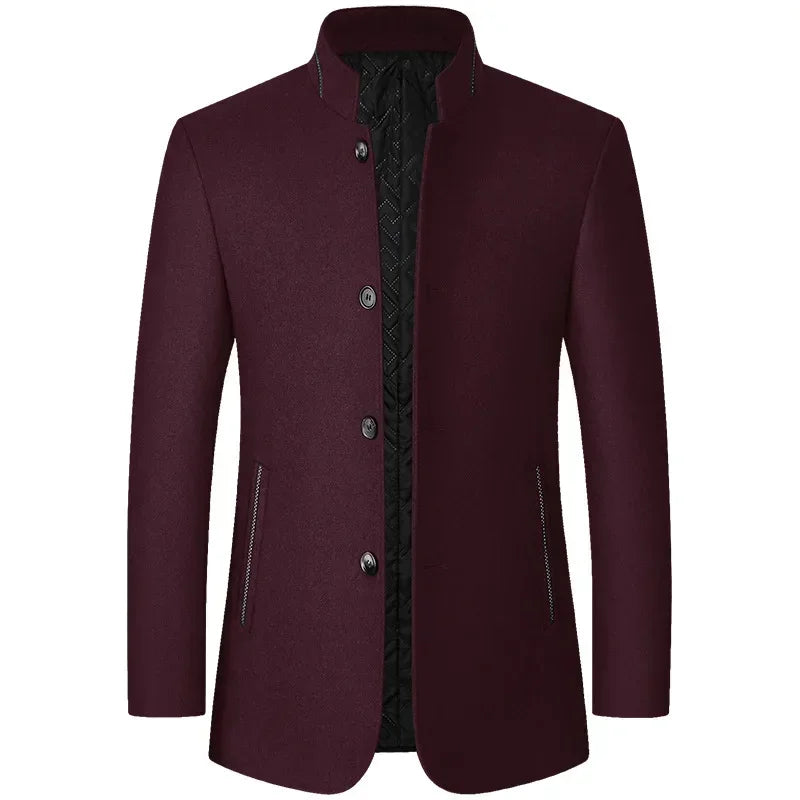 Mens Winter Wool Coat Stand Collar Business Jacket (Wine Red) Apparel & Accessories > Clothing > Outerwear > Coats & Jackets > Overcoats - Tophatter Daily Deals