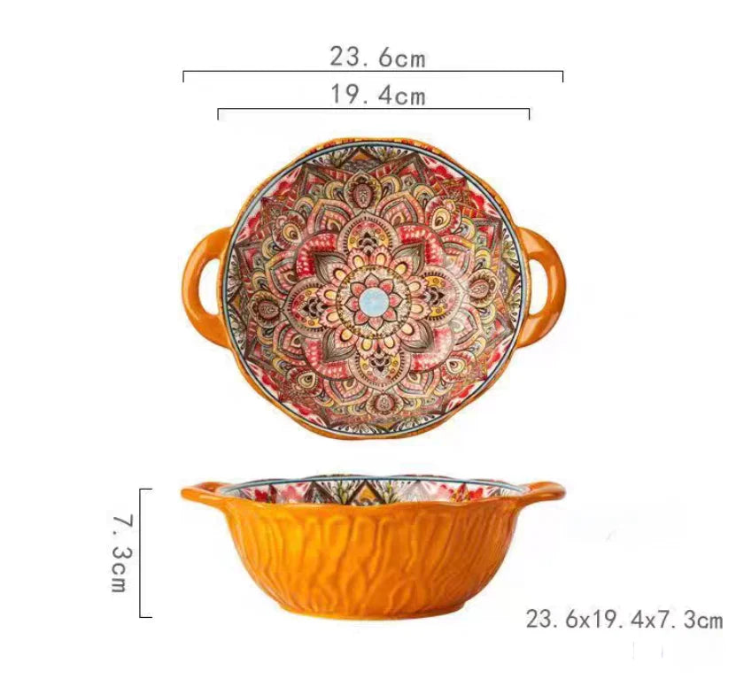 Ceramic Soup Bowl Bohemian Handle Embossed Microwave 9.29in bowl orange 7.5 inch - Tophatter Daily Deals