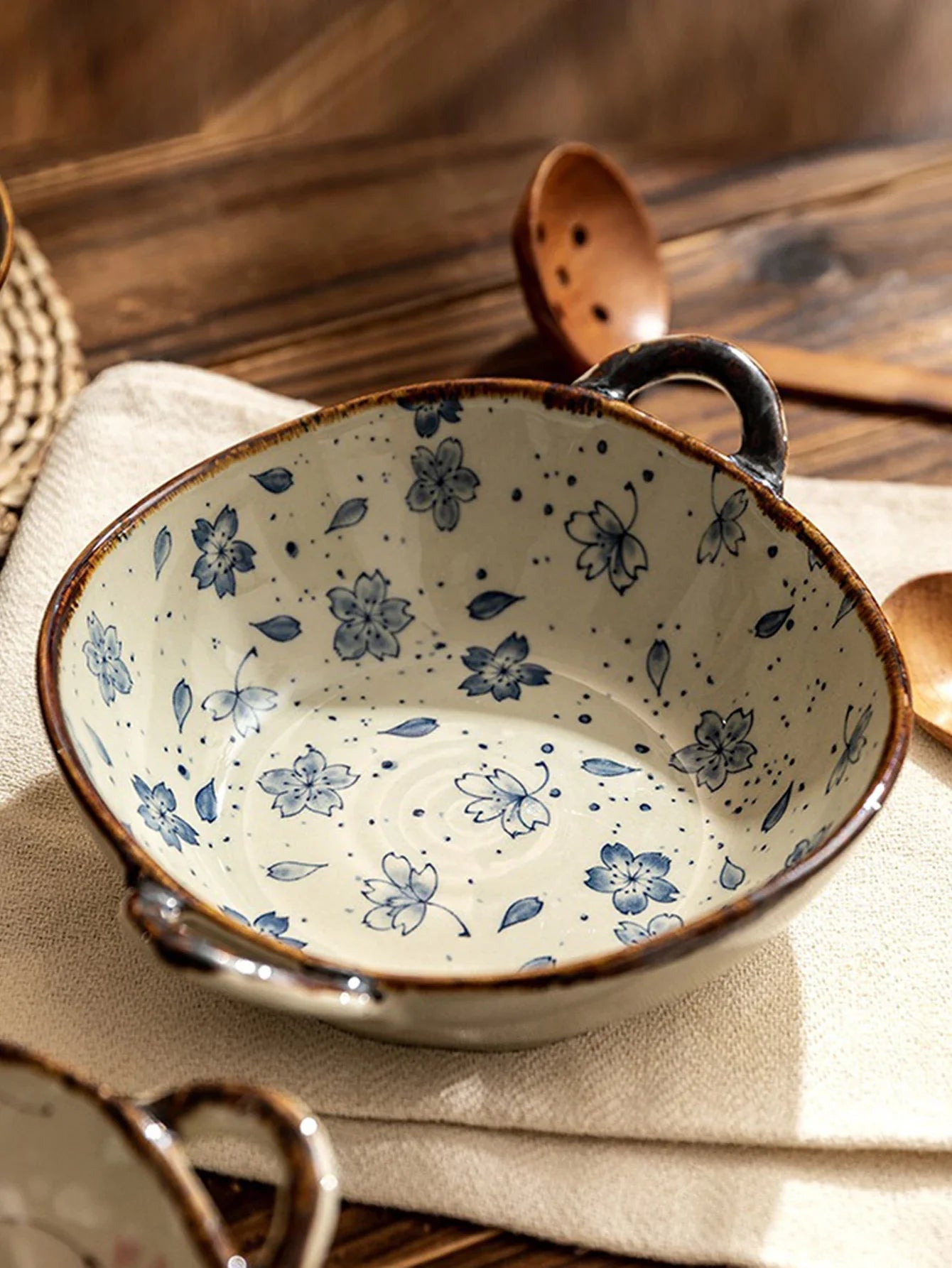 Ceramic 7.5 Inch Noodle Bowl With Handles Floral Porcelain - Tophatter Daily Deals