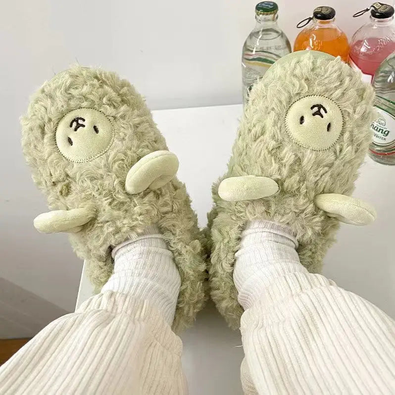 Plush Alpaca Sheep Lamb Warm Fluffy Faux Fur Slippers Green Alpaca Animals - Tophatter Daily Deals