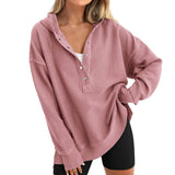 Oversized Women Pullover Hoodie - Snap V-Neck, Ribbed Pink - Tophatter Daily Deals