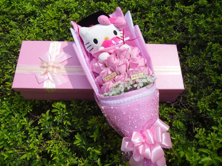 Sanrio Hello Kitty Plush Bouquet With Graduation Hats Hello Kitty Graduation (with box) Flowers - Tophatter Daily Deals