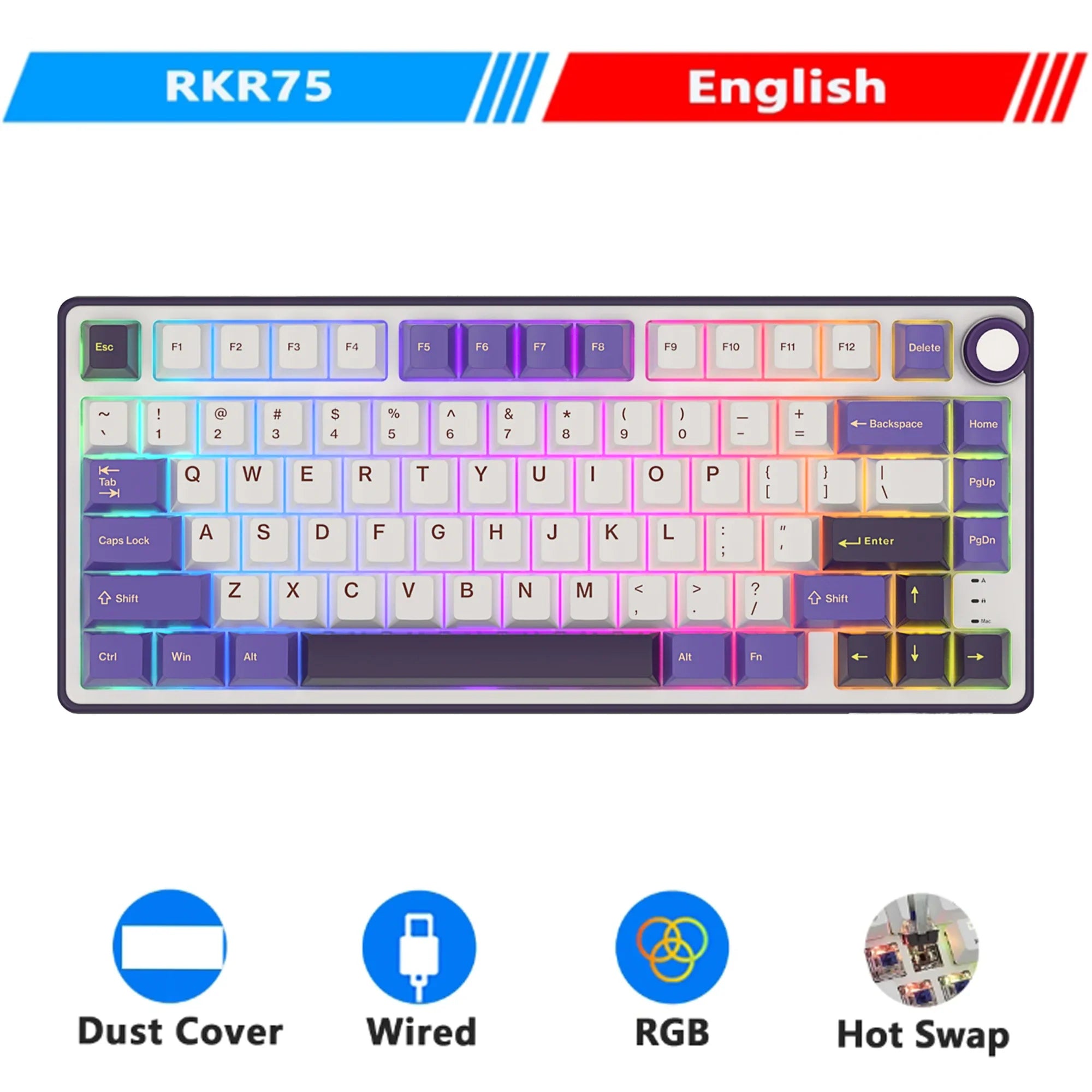 Mechanical Keyboard R75 Gasket 80Key RGB Hot Swap Spanish English Blackberry - Tophatter Daily Deals