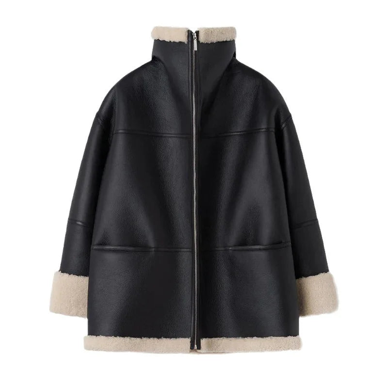 Warm Oversized Women's Jacket - Shearling Faux Leather - Tophatter Daily Deals