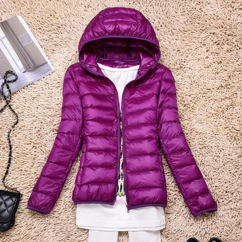Lightweight Women’s Down Jacket - Hooded, Packable Travel Purple - Tophatter Daily Deals