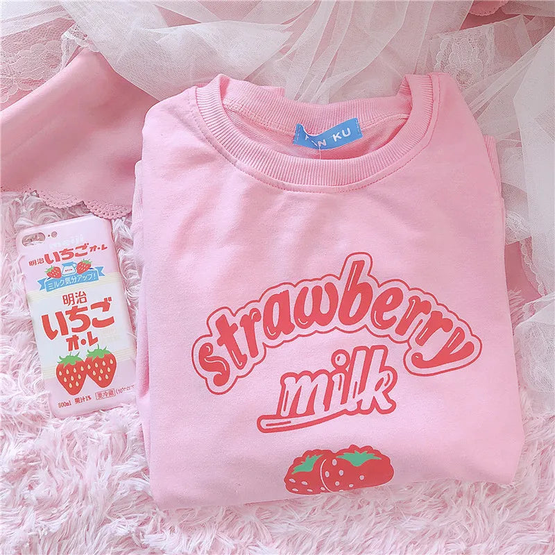Harajuku Strawberry Milk Pink Sweatshirt Top Long-Sleeved Food - Tophatter Daily Deals