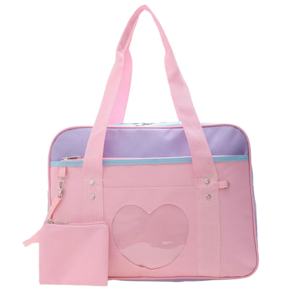 Heart PU Leather Laptop Bag Pastel Handbag Top Handle Japanese Style School Bag Multicoloured - Tophatter Daily Deals