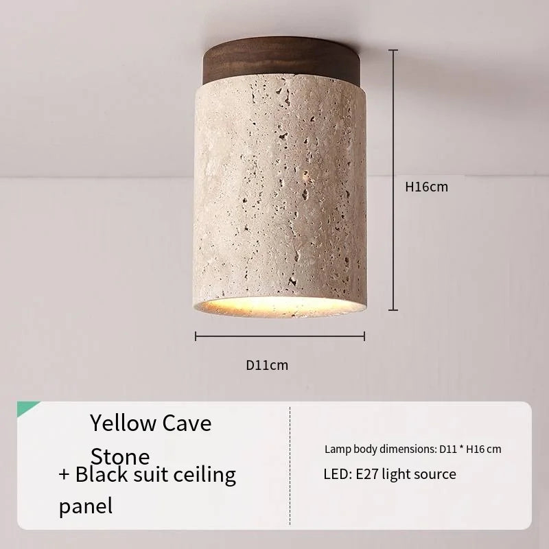 Japandi Travertine Ceiling Light Wood Cap Round Mid Century Lamp B-01 - Tophatter Daily Deals