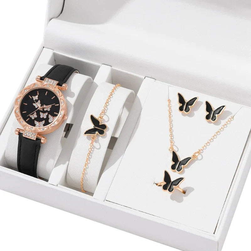 Butterfly Jewelry Set Watch Necklace Earrings Bracelet (Black) Apparel & Accessories > Jewelry > Jewelry Sets - Tophatter Daily Deals