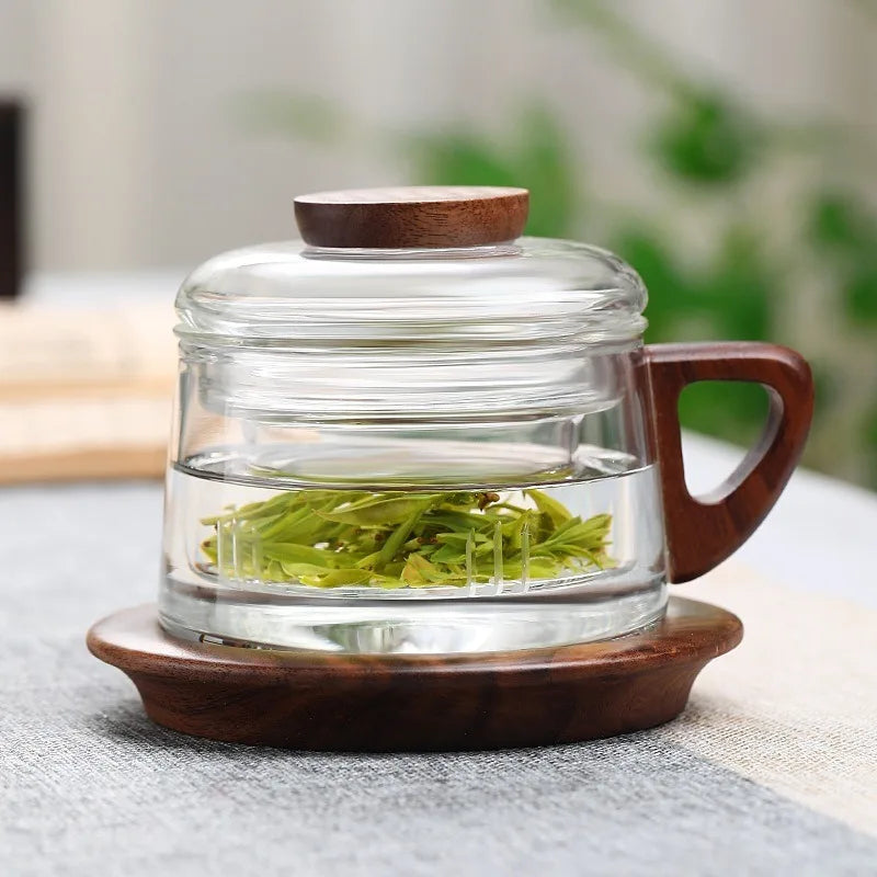200ml Tea Infuser Cup Heat Resistant Glass Mug Wood Handle Clear Coaster - Tophatter Daily Deals