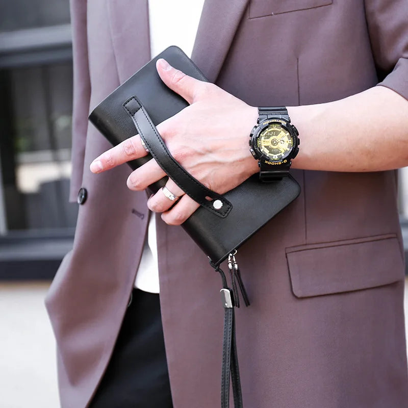 Men Leather Clutch Bag Double Zipper Business (Black) Apparel & Accessories > Handbags, Wallet's & Cases > Clutch Bags - Tophatter Daily Deals