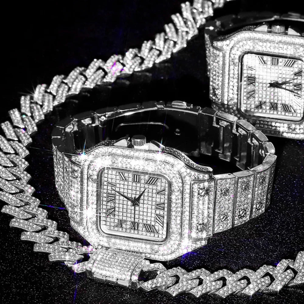 3pcs Men's Watch Set Square Watch Cuban Chain Bracelet (Silver) Apparel & Accessories > Jewelry > Jewelry Sets - Tophatter Daily Deals