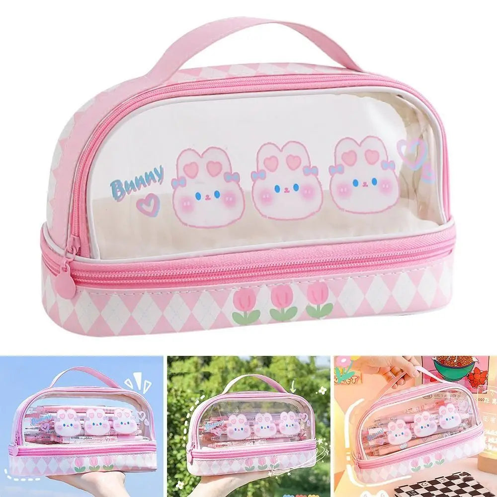 Kawaii Double Layer Pencil Case Large Transparent Stationery Animals - Tophatter Daily Deals