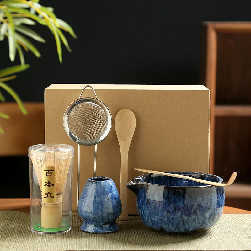 Matcha Tea Set Ceramic Bowls With Bamboo Whisk 6 Piece Blue 6pcs - Tophatter Daily Deals