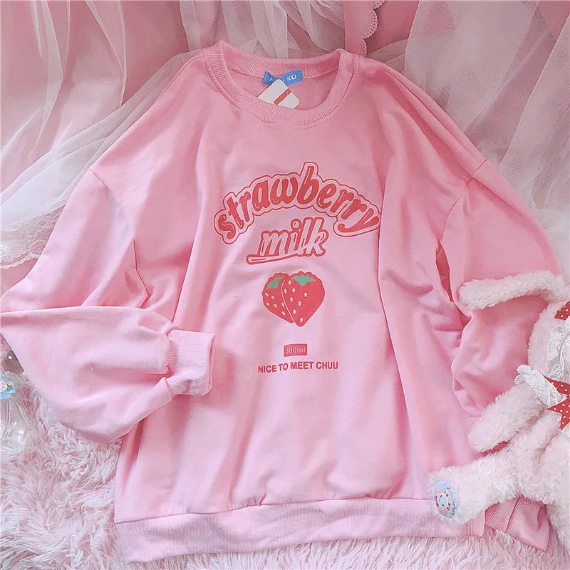 Harajuku Strawberry Milk Pink Sweatshirt Top Long-Sleeved Food - Tophatter Daily Deals