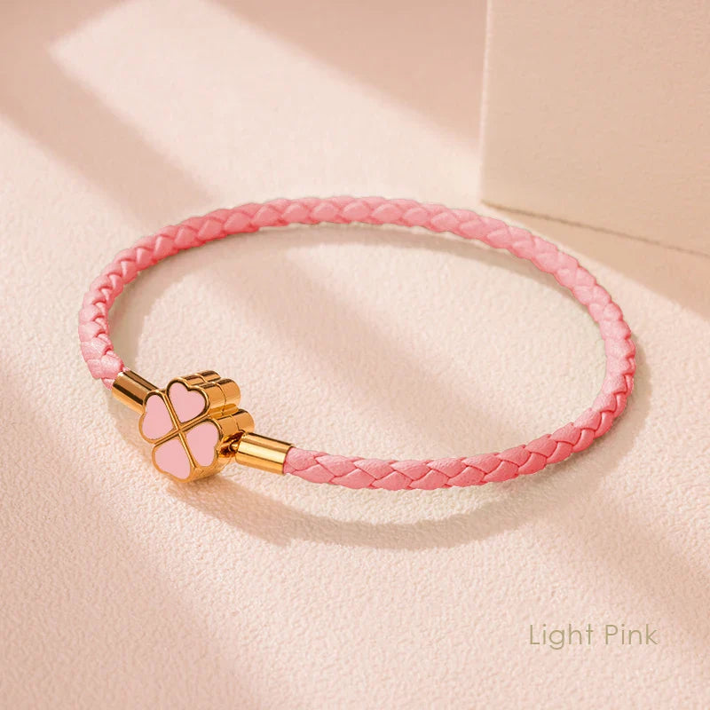 Four Leaf Clover Braided Leather Lucky Bracelet Gift Pink CHINA - Tophatter Daily Deals