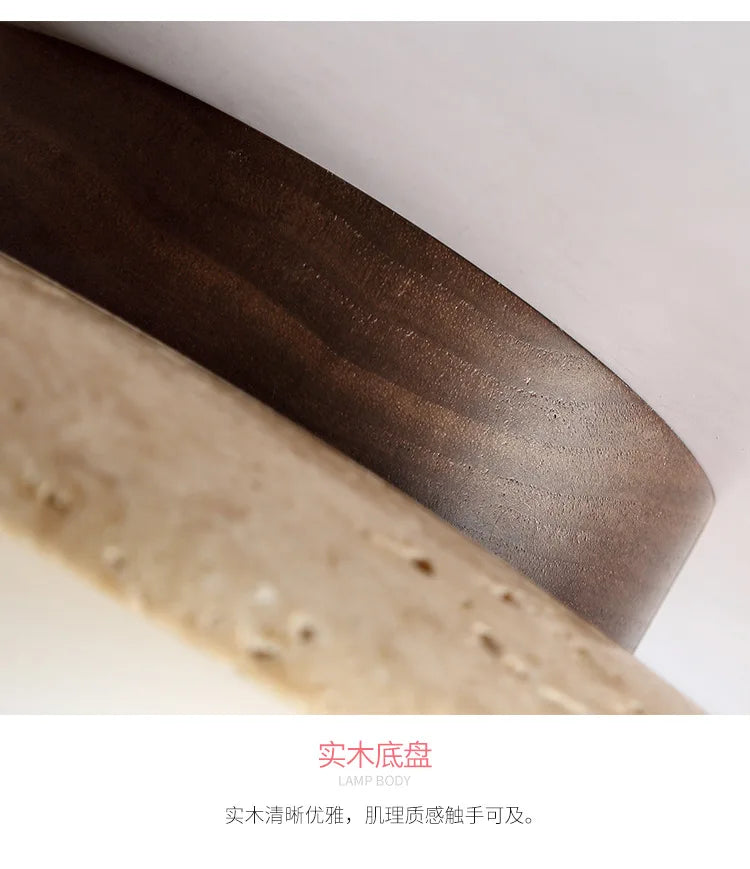 Japandi Travertine Ceiling Light Wood Cap Round Mid Century Lamp - Tophatter Daily Deals